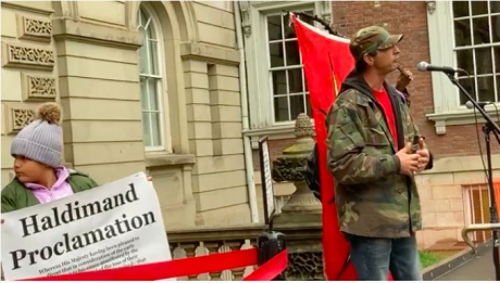 Issue Watch Skyler Williams speak at the rally in solidarity with 1492 Land Back Lane
